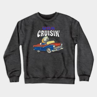 Funny and cute African blue and gold Macaw Bird driving a classic car cruising the USA Crewneck Sweatshirt